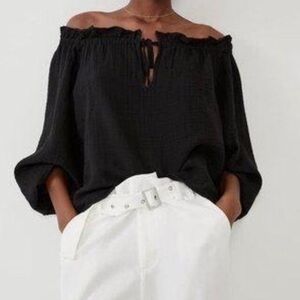 NWT - Women's Zara black oversized‎ off shoulder textured weave top size small